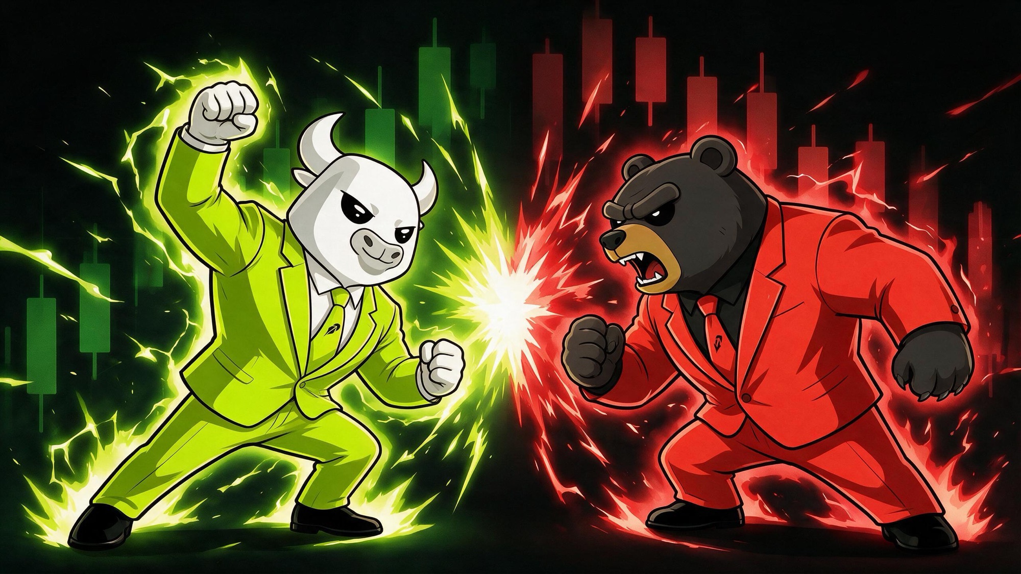The bull in a lime suit clashing with a bear in a red suit